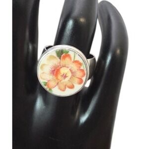 Women's Size 7 Baroque Handpainted Ceramic Flower Sterling 925 Vintage Wide Ring